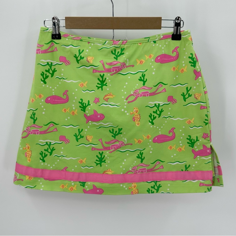 BAMBOO TRADERS Skort Women 10 Green Pink Novelty Print Scuba Diver Preppy SPOTS